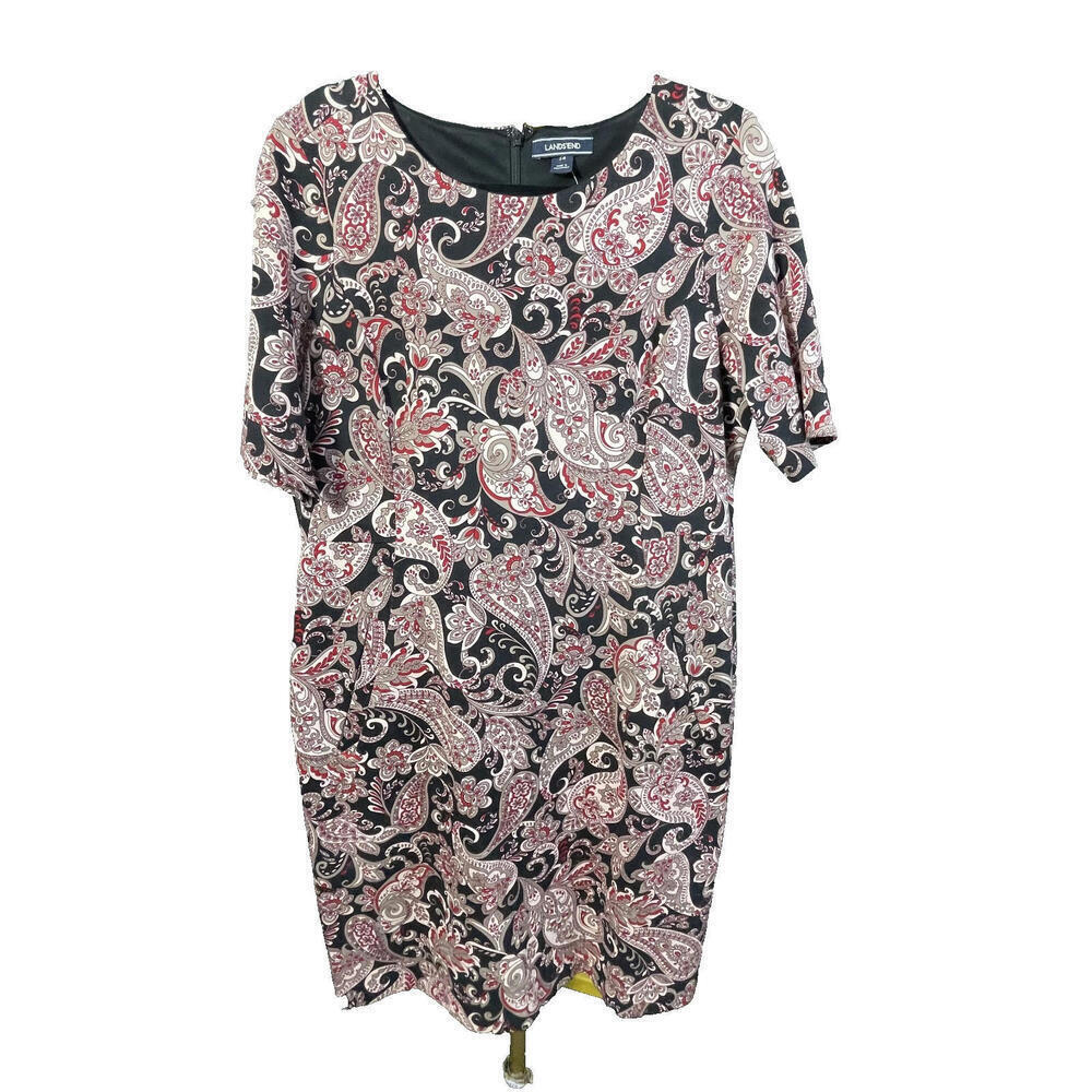 Lands' End Floral Paisley Shift Dress w/Pockets Sz 14 Short Sleeves Work Career